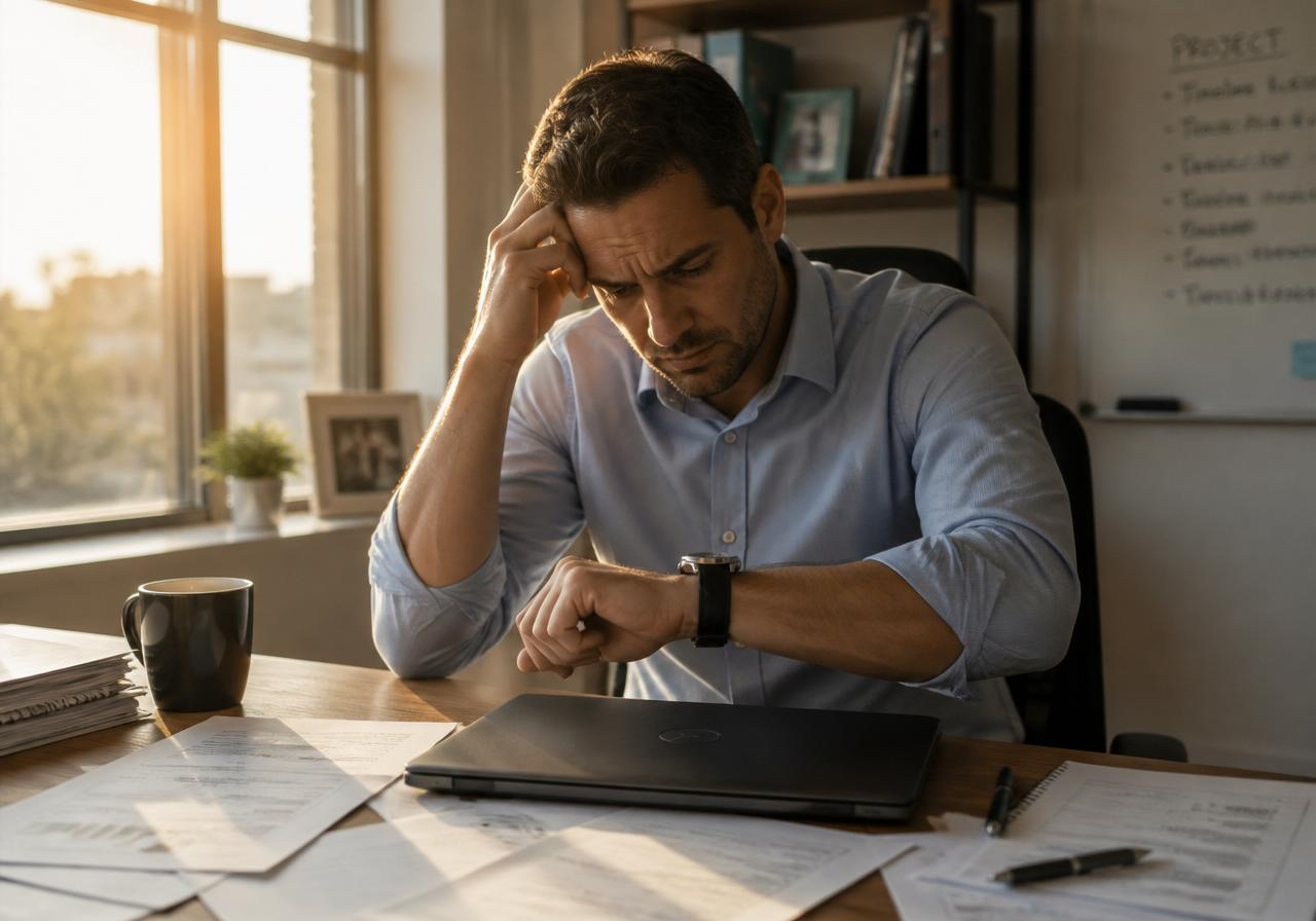 Frustrated professional at a desk with a dead laptop, checking his watch
