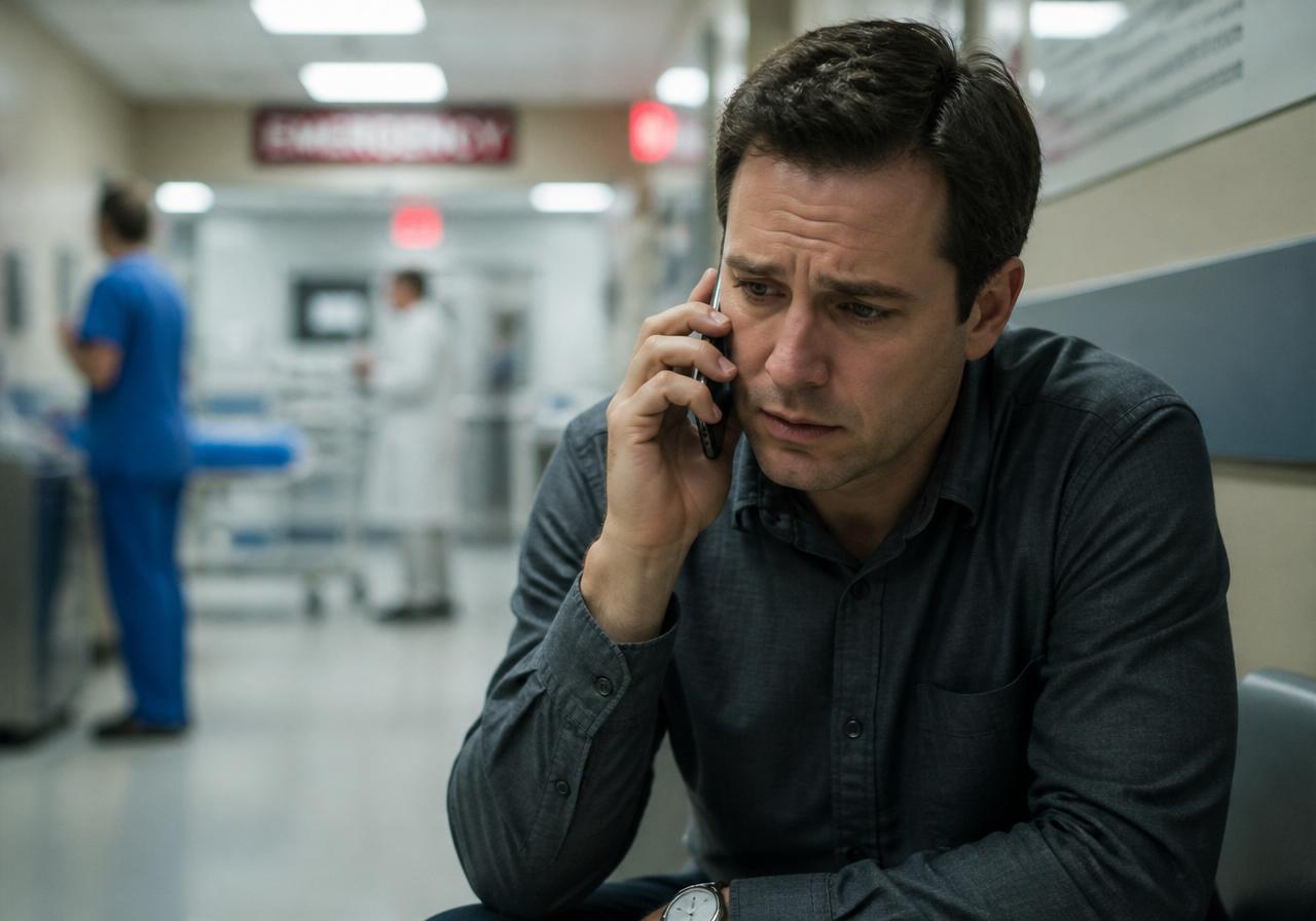 Worried adult son on the phone in a hospital corridor