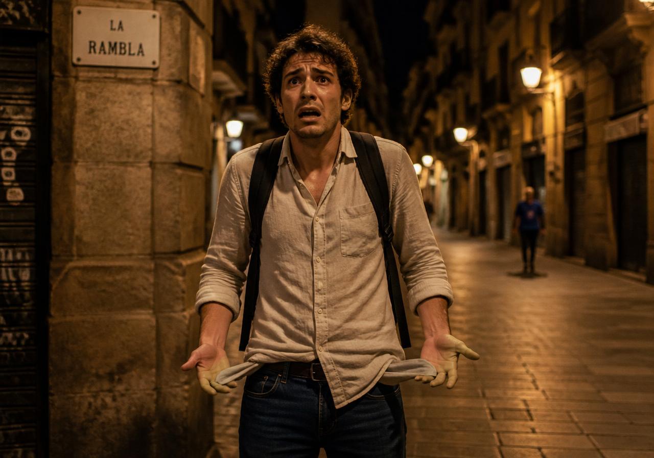 Panicked tourist on a Barcelona street at night after his phone was stolen